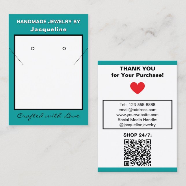 Teal White Necklace Earrings Website QR Code Business Card (Front/Back)