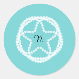 Teal White Pearl Star Wedding Bridal Shower Classic Round Sticker