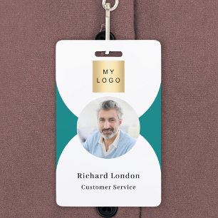 Teal white photo arch QR code business logo ID Badge