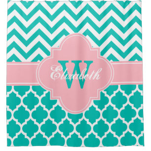 Teal White Pink Moroccan #5 Chevron 1IQRN Shower Curtain