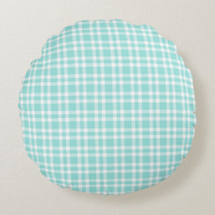 Teal White Plaid Pattern Round Cushion