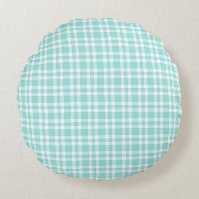 Teal White Plaid Pattern Round Cushion (Front)