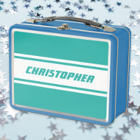 Teal White Racing Stripes Monogram Kids Boys Blue