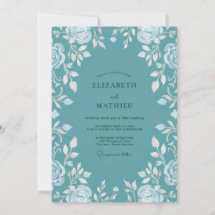 Teal White Rose Wedding Invitation