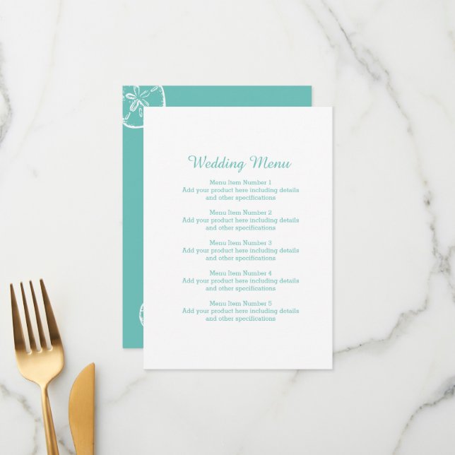 Teal & white sand dollar shell beach wedding menu  (Front/Back In Situ)