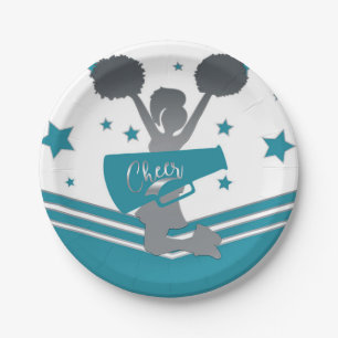 Teal White Silver Stars Cheer Cheer-leading Party Paper Plate