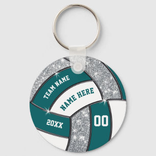 Teal, White, Silver Volleyball Keychains Your Text