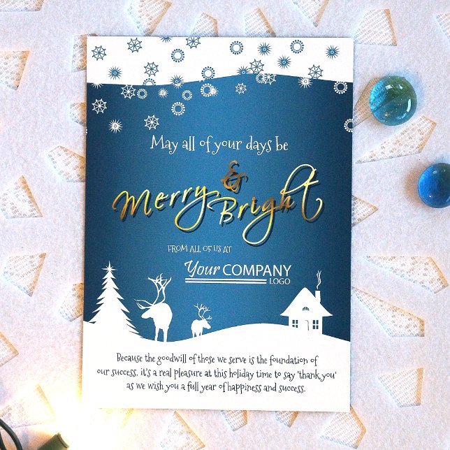 Teal, White Snowflakes & Reindeer, Company Logo Invitation (Festive modern company logo, teal blue and gold script writing Christmas holiday cards)