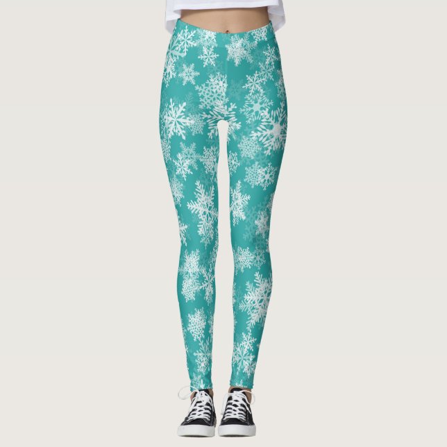Teal & White Snowflakes Winter Wonderland Holiday Leggings (Front)