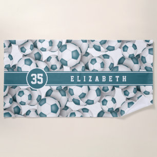 Teal white soccer balls pattern custom kids name beach towel