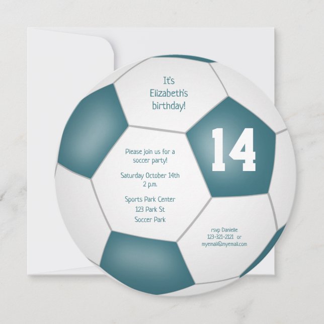 teal white soccer themed birthday party announcement (Front)