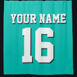 Teal White Sports Jersey Team Jersey Shower Curtain<br><div class="desc">Preppy Solid Colour Team Jersey / Sports Jersey / Football Jersey / Rugby Jersey with Custom Name Customise this with your own name or team name and a number. You can change the size, colour and placement of the text if you need to make changes, change the colour of or...</div>