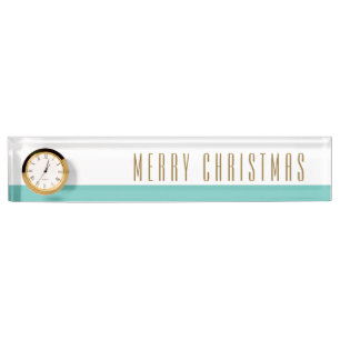 Teal White Stripes MERRY CHRISTMAS Text Clock Nameplate