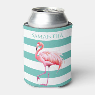 Teal White Stripes Pink Flamingo Personalised Name Can Cooler