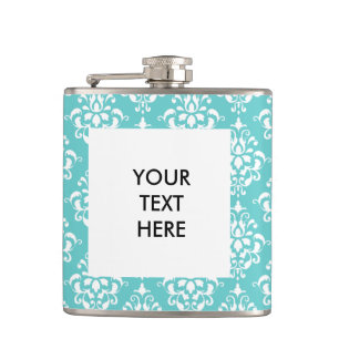 TEAL WHITE VINTAGE DAMASK PATTERN 1 HIP FLASK