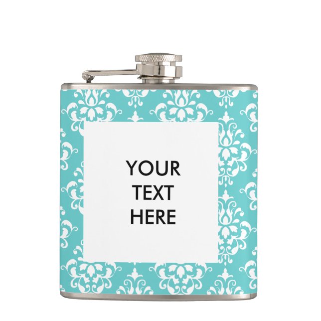 TEAL WHITE VINTAGE DAMASK PATTERN 1 HIP FLASK (Front)