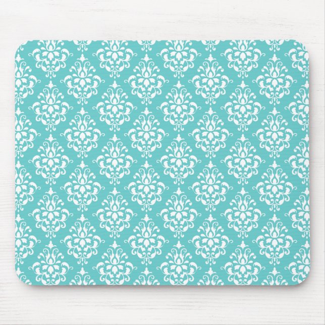TEAL WHITE VINTAGE DAMASK PATTERN 1 MOUSE PAD (Front)