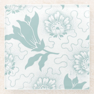 Teal White Vintage Farmhouse Style Floral Print Glass Coaster