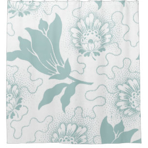 Teal White Vintage Farmhouse Style Floral Print Shower Curtain
