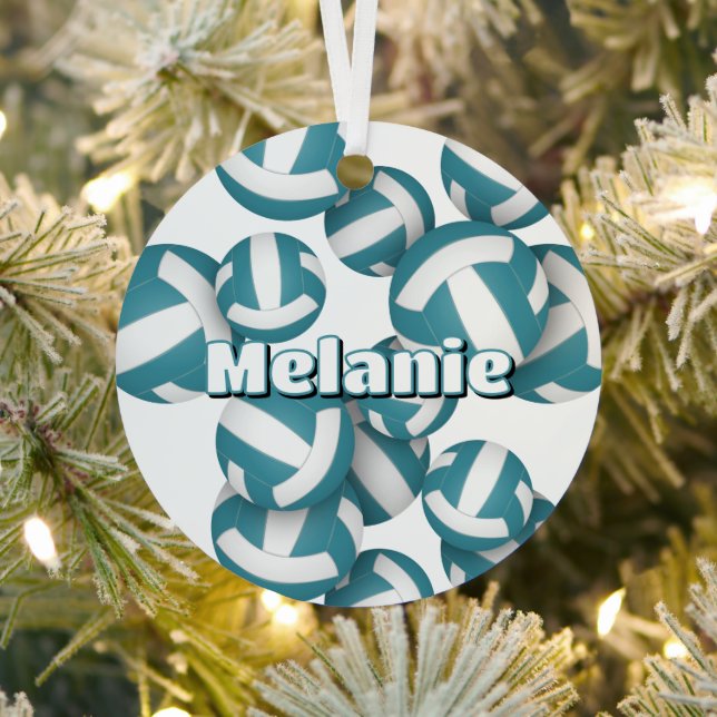 teal white volleyballs w athlete name keepsake metal tree decoration (Insitu)