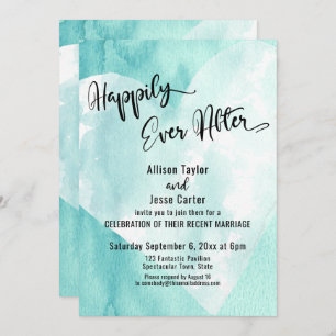Teal White Watercolor Heart Happily Ever After Invitation