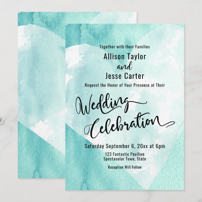 Teal White Watercolor Heart Wedding Celebration Invitation (Front/Back)