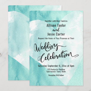 Teal White Watercolor Heart Wedding Celebration Invitation