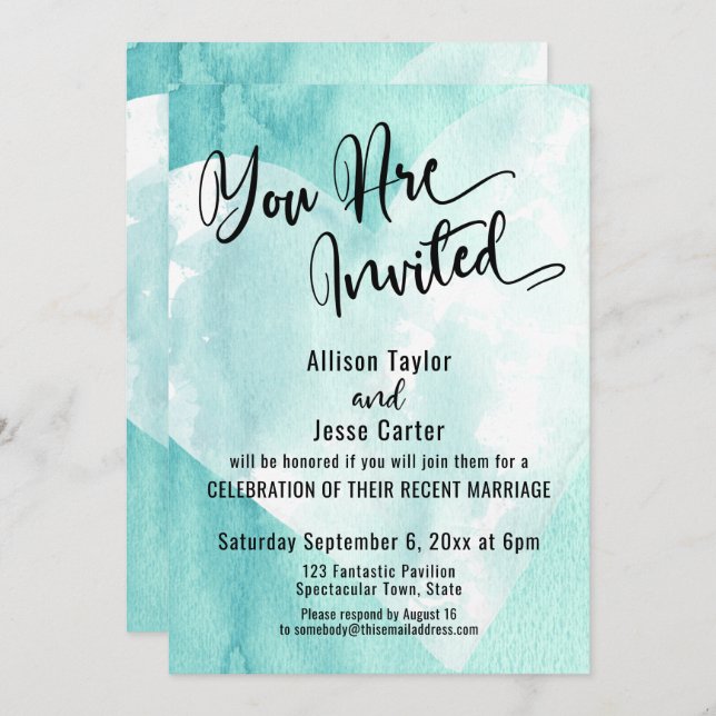 Teal White Watercolor Heart You Are Invited Invitation (Front/Back)