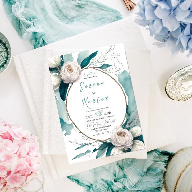 Teal White Watercolor Peony Floral Oval Wedding Invitation (Creator Uploaded)