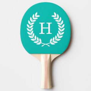 Teal White Wheat Laurel Wreath Initial Monogram Ping Pong Paddle