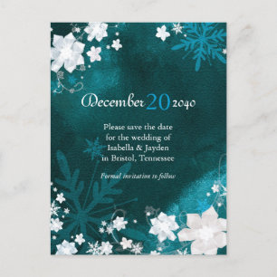 Teal White Winter Wedding Save the Date Announcement Postcard