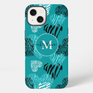 Teal White Zebra Print Hearts Monogram iPhone Case