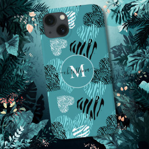 Teal White Zebra Print Hearts Monogram iPhone Case