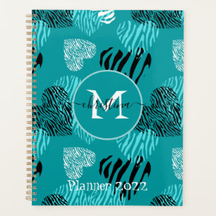 Teal White Zebra Print Hearts Monogram Planner