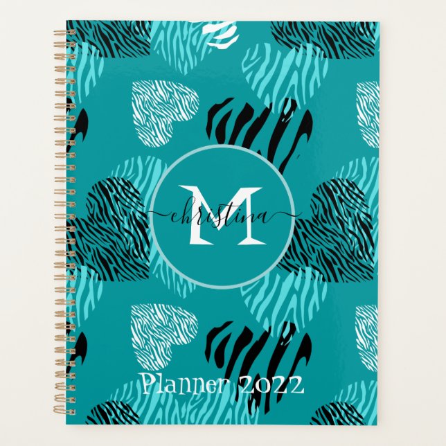 Teal White Zebra Print Hearts Monogram Planner (Front)
