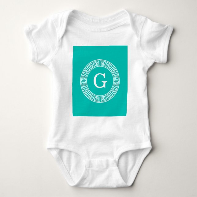 Teal Wht Greek Key Rnd Frame Initial Monogram Baby Bodysuit (Front)