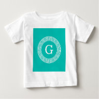 Teal Wht Greek Key Rnd Frame Initial Monogram