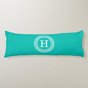 Teal Wht Greek Key Rnd Frame Initial Monogram Body Cushion