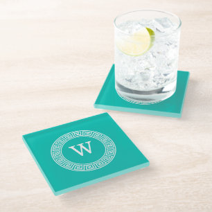 Teal Wht Greek Key Rnd Frame Initial Monogram Glass Coaster
