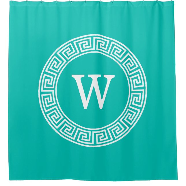 Teal Wht Greek Key Rnd Frame Initial Monogram Shower Curtain (Front)