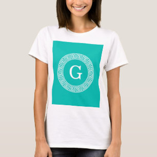 Teal Wht Greek Key Rnd Frame Initial Monogram T-Shirt