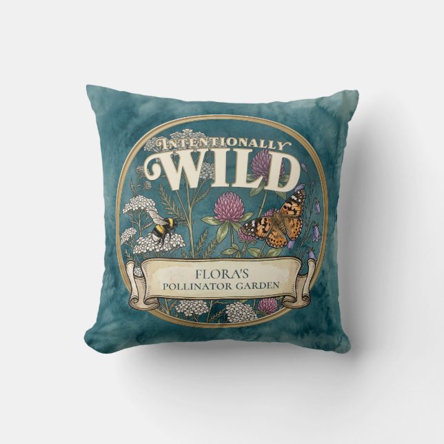 Teal Wild Pollinator Garden Throw Pillow Cushion (Front)