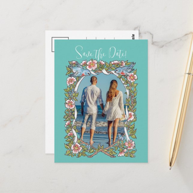 Teal Wildflower Bird Border Save the Date Photo Postcard (Front/Back In Situ)