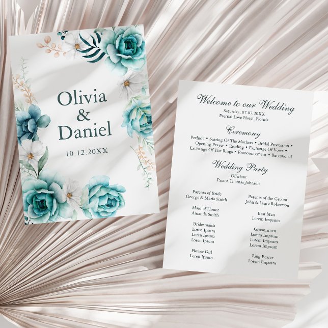 Teal Wildflower Botanical Wedding Program Programme (Off-White & Teal Floral Wedding Program on a sunny white dry palm leaf.)