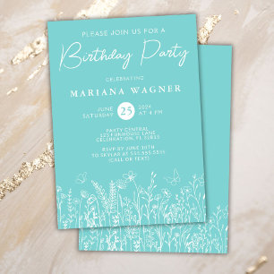 Teal Wildflowers Birthday Party Invitation