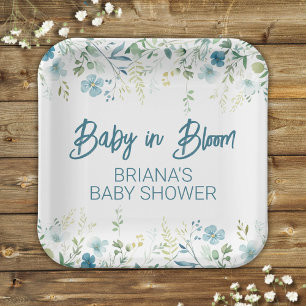 Teal Wildflowers Boy Baby Shower Paper Plate
