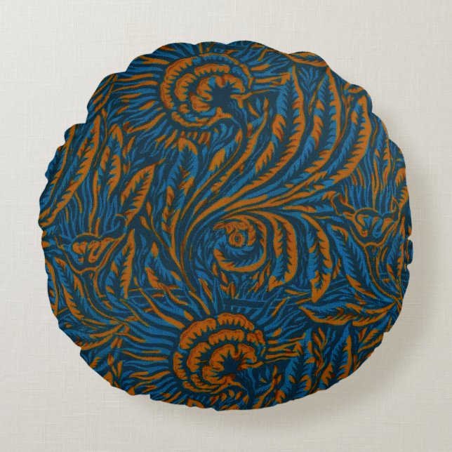 Teal William Morris Style Acanthus Leaf Botanical Round Cushion (Front)