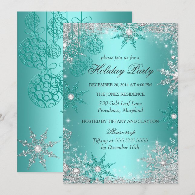 Teal Winter Wonderland Christmas Holiday Party 3 Invitation (Front/Back)