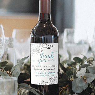 Teal with Grey Frills on White Wedding Thank You Wine Label