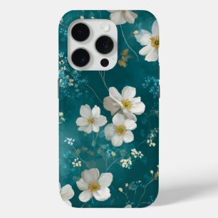 Teal With Soft White Blossoms iPhone 15 Pro Case